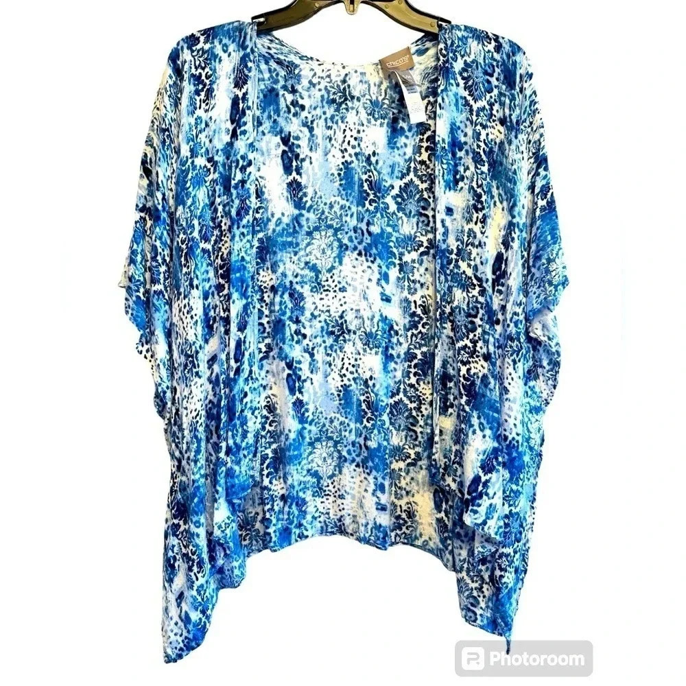 Chicos open front, blue marbled lightweight (viscose )cardigan. Size S/M